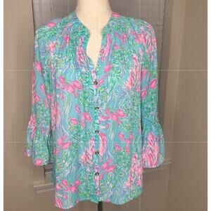 Lilly Pulitzer Blouse Size Small Gold Buttons Fish Pink V Neck Sport